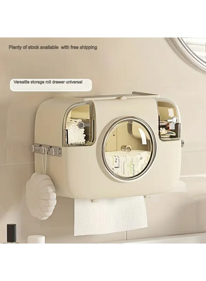 حامل مناديل مثبت على الحائط باللون الكريمي الأبيض، سعة كبيرة، تركيب بدون حفر، منظف الحمام - Image 1